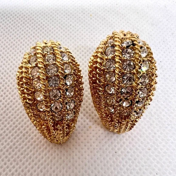 Vintage Louis Dell ‘Olio Gold Plated Pave’ Rhinestone Clip On Earrings EUC - Picture 7 of 11